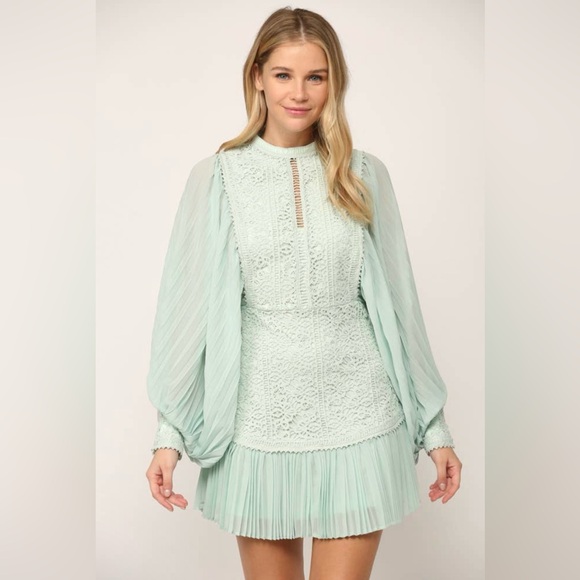 Pleated Volume Sleeve Lace Mini Dress|Statement Long Sleeve Party Dress|S–M - Picture 7 of 12